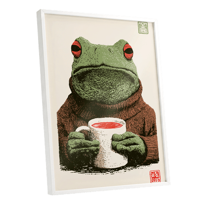 Tea With a Tree Frog, green, beige, brown nature wall art shown as a white framed poster wall art print
