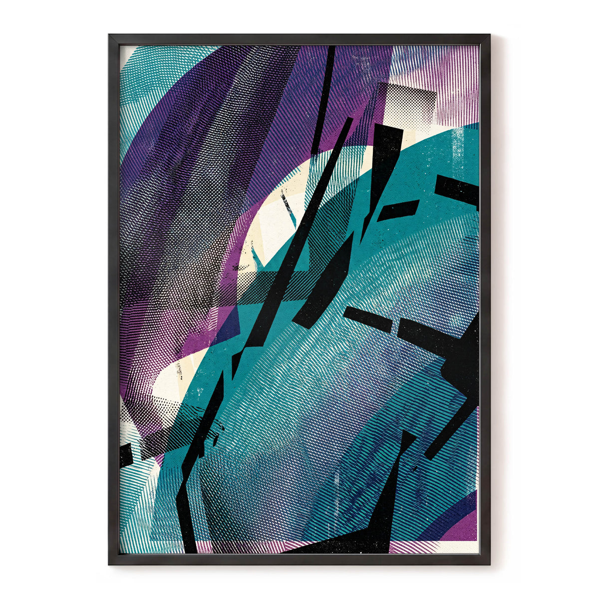 Teal Collision, green, purple, black abstract wall art, front artwork view