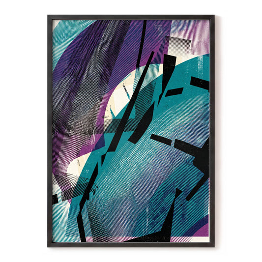 Teal Collision, green, purple, black abstract wall art, front artwork view