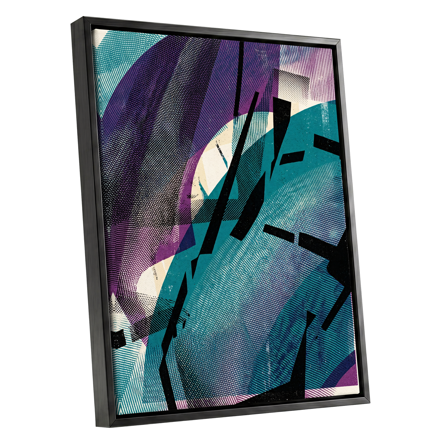 Teal Collision, green, purple, black abstract wall art shown as a black framed canvas wall art