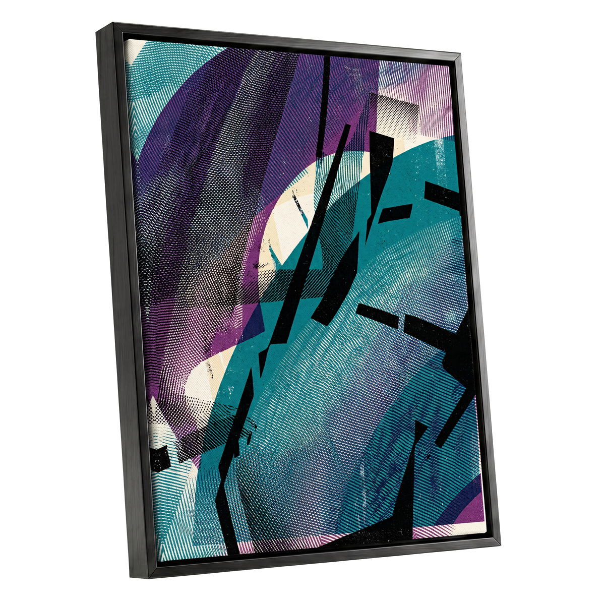 Teal Collision, green, purple, black abstract wall art shown as a black framed canvas wall art