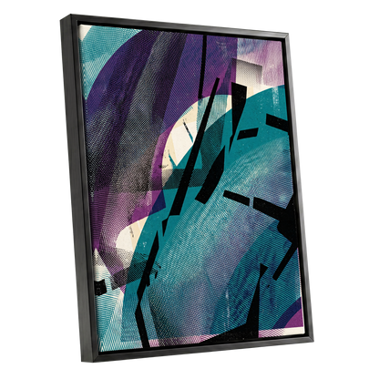 Teal Collision, green, purple, black abstract wall art shown as a black framed canvas wall art