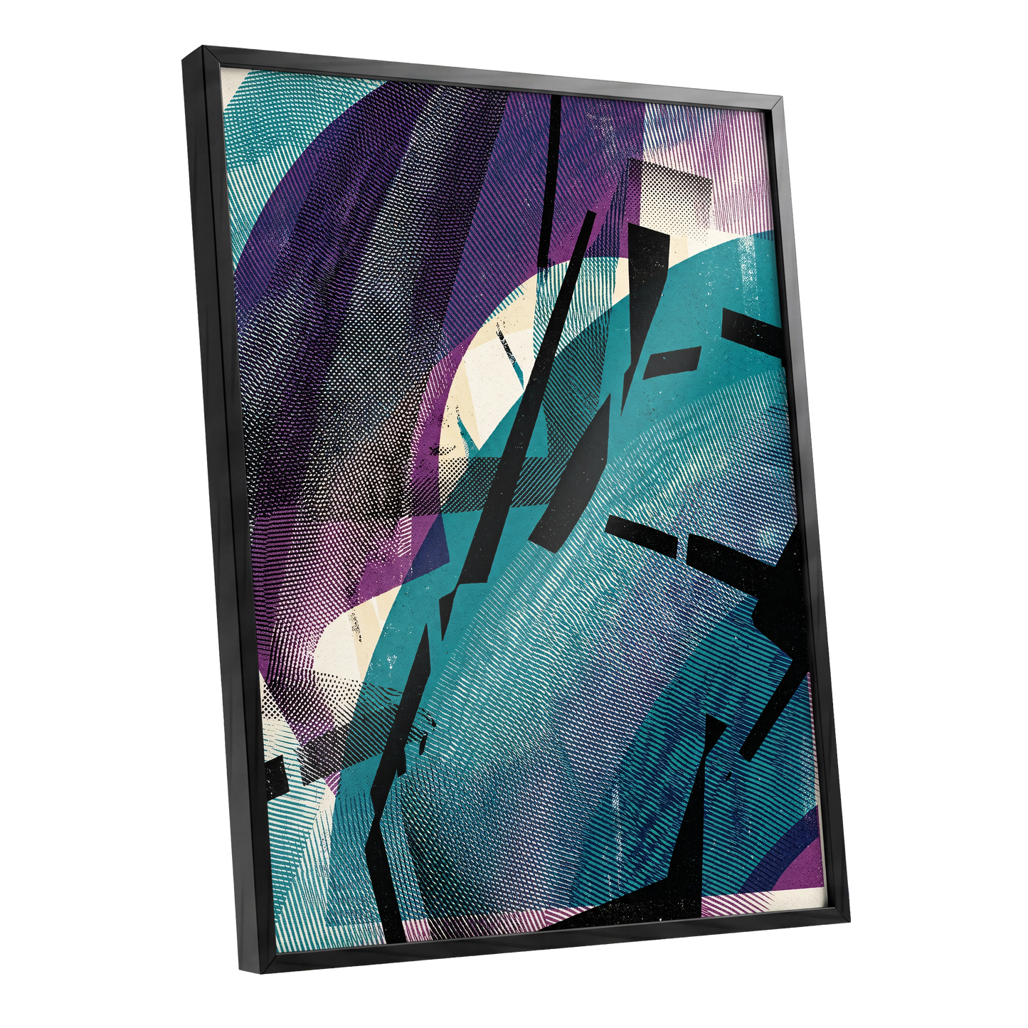 Teal Collision, green, purple, black abstract wall art shown as a black framed poster wall art print