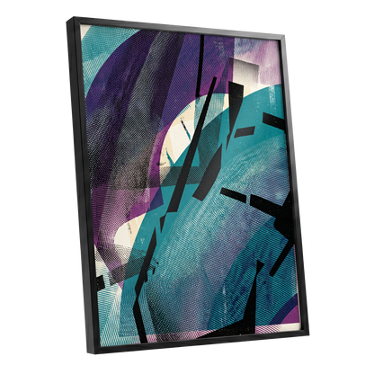 Teal Collision, green, purple, black abstract wall art shown as a black framed poster wall art print