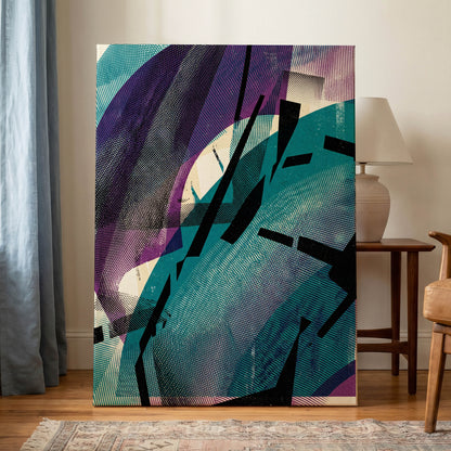 Teal Collision, green, purple, black abstract wall art on canvas displayed in a styled interior, gallery view 1