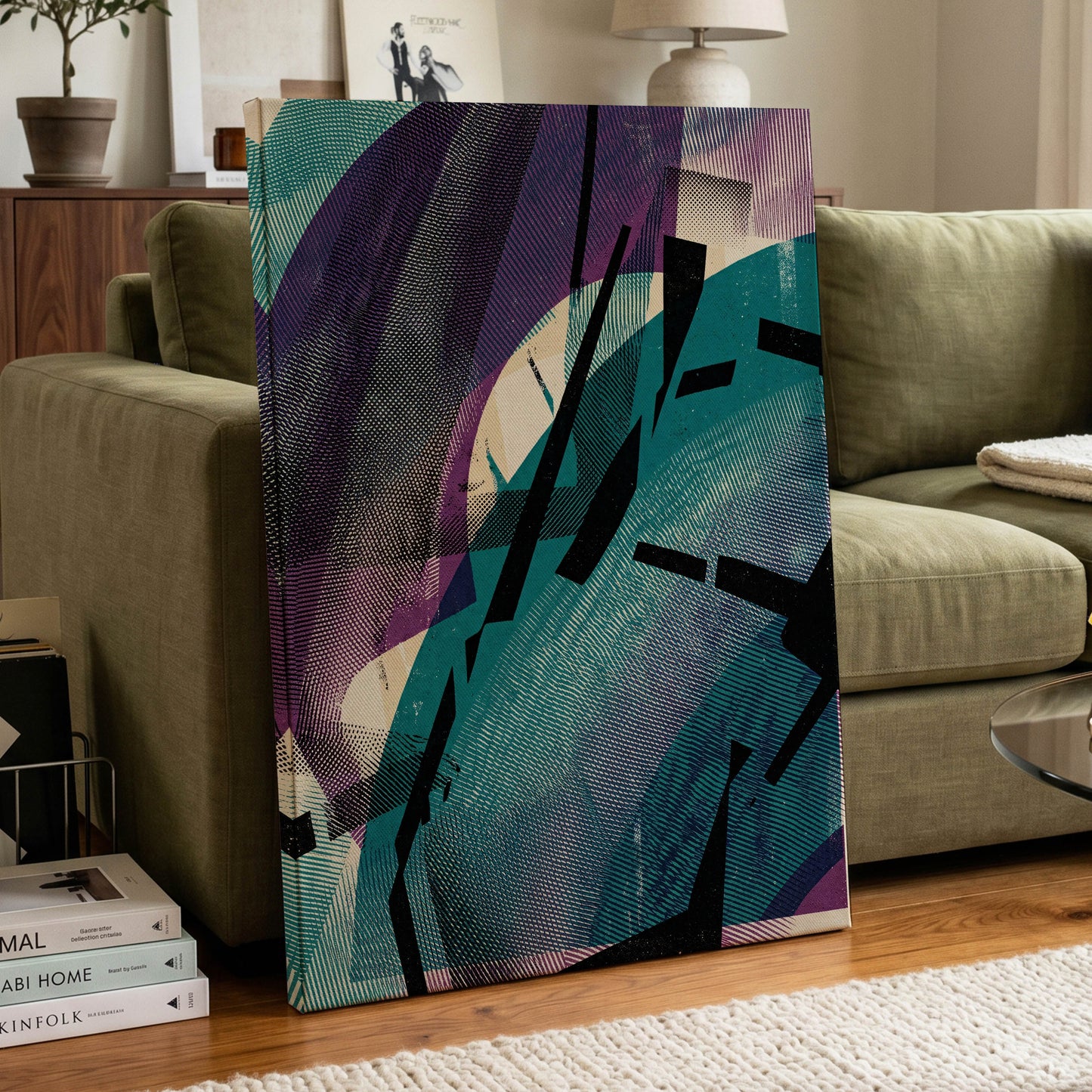 Teal Collision, green, purple, black abstract wall art on canvas displayed in a styled interior, gallery view 2