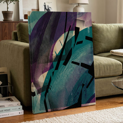 Teal Collision, green, purple, black abstract wall art on canvas displayed in a styled interior, gallery view 2