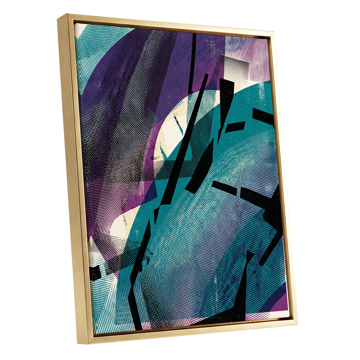 Teal Collision, green, purple, black abstract wall art shown as a gold framed canvas wall art