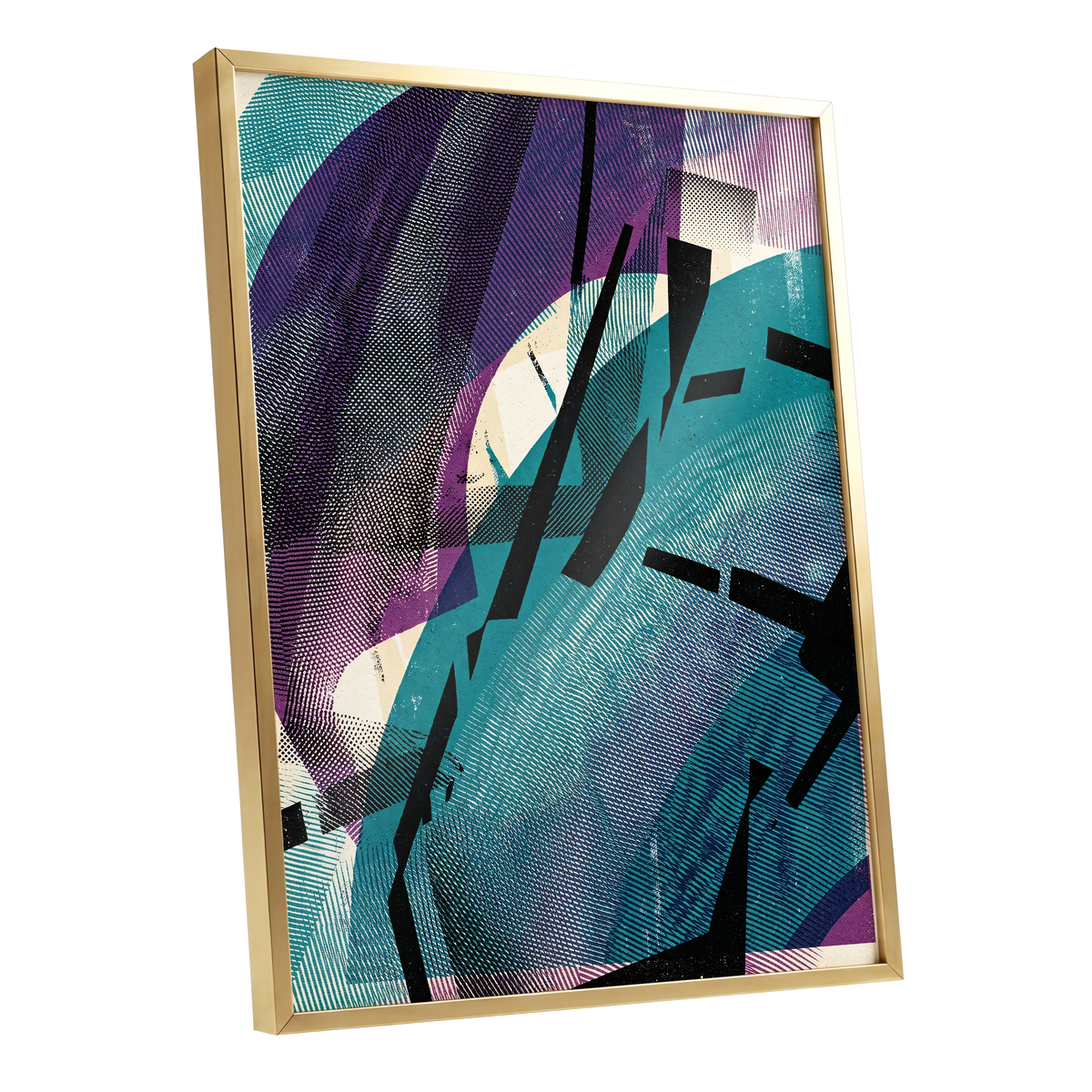 Teal Collision, green, purple, black abstract wall art shown as a gold framed poster wall art print