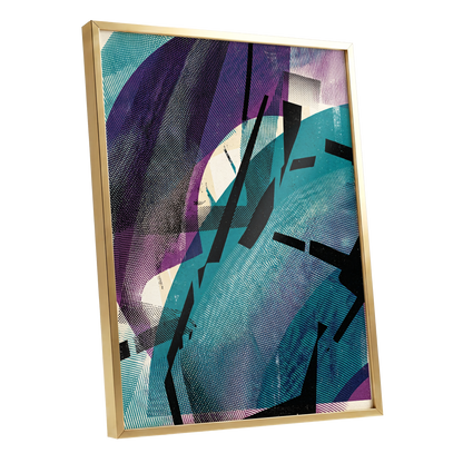 Teal Collision, green, purple, black abstract wall art shown as a gold framed poster wall art print
