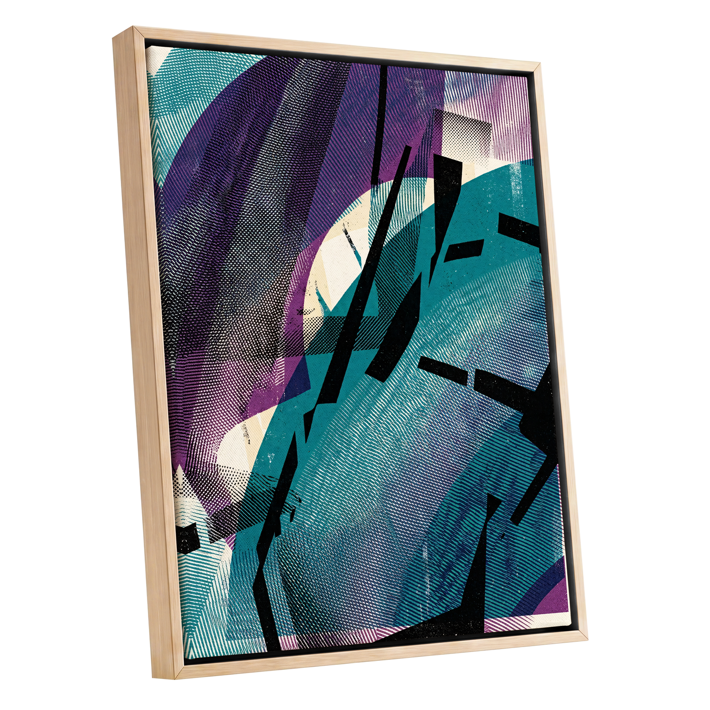 Teal Collision, green, purple, black abstract wall art shown as a oak framed canvas wall art