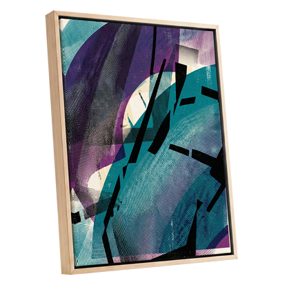 Teal Collision, green, purple, black abstract wall art shown as a oak framed canvas wall art