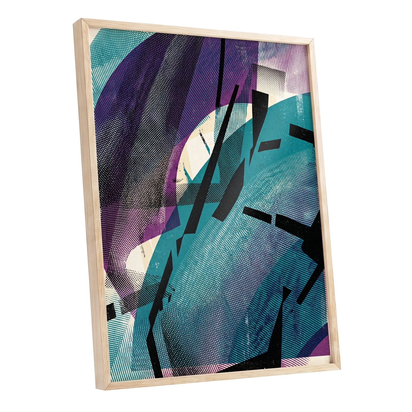 Teal Collision, green, purple, black abstract wall art shown as a oak framed poster wall art print