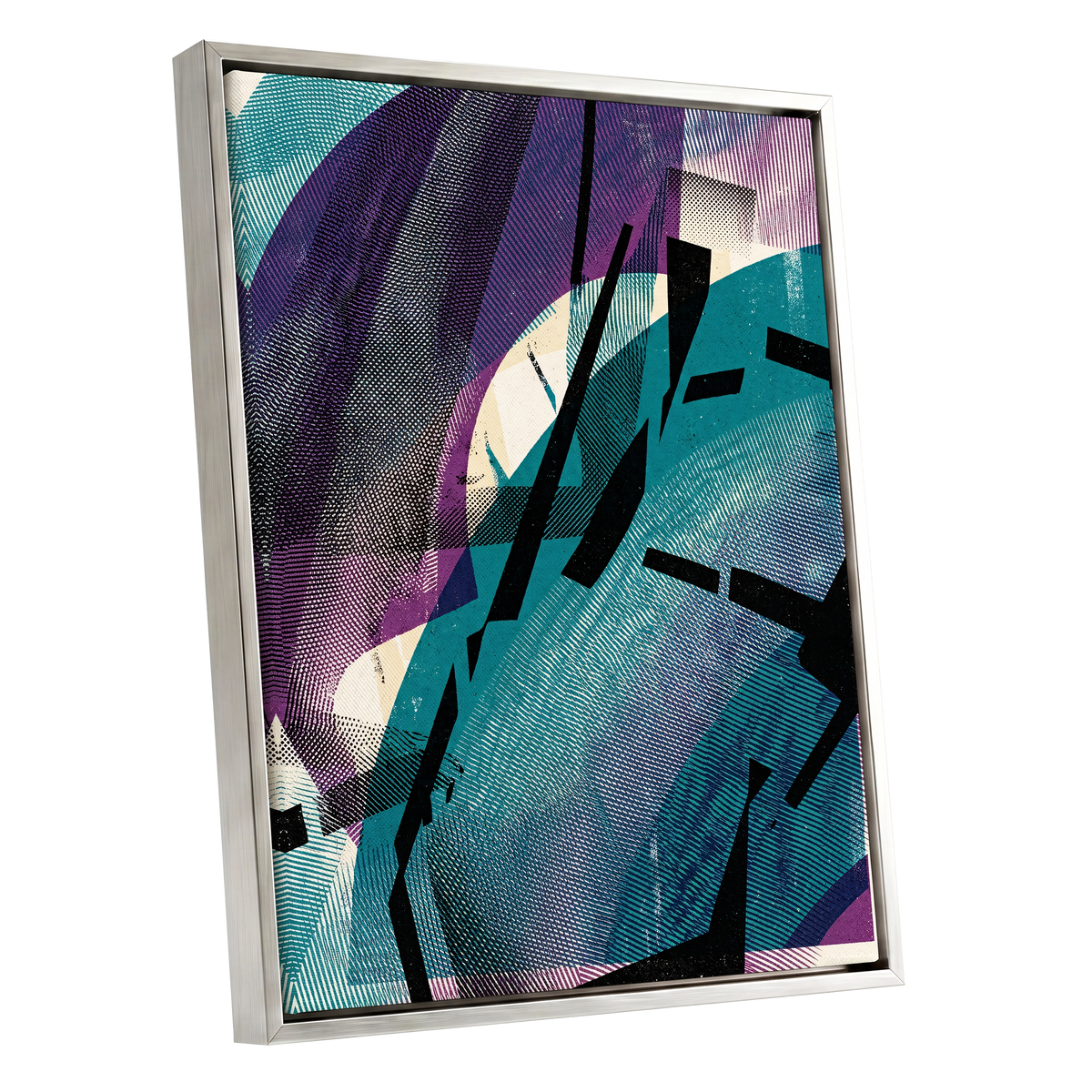 Teal Collision, green, purple, black abstract wall art shown as a silver framed canvas wall art