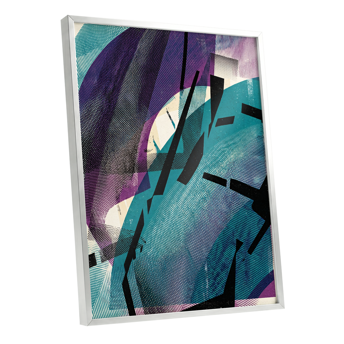 Teal Collision, green, purple, black abstract wall art shown as a silver framed poster wall art print