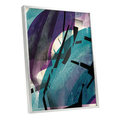 Teal Collision, green, purple, black abstract wall art shown as a silver framed poster wall art print