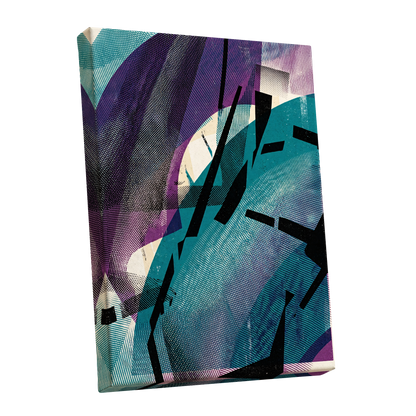 Teal Collision, green, purple, black abstract wall art shown as a stretched canvas wall art