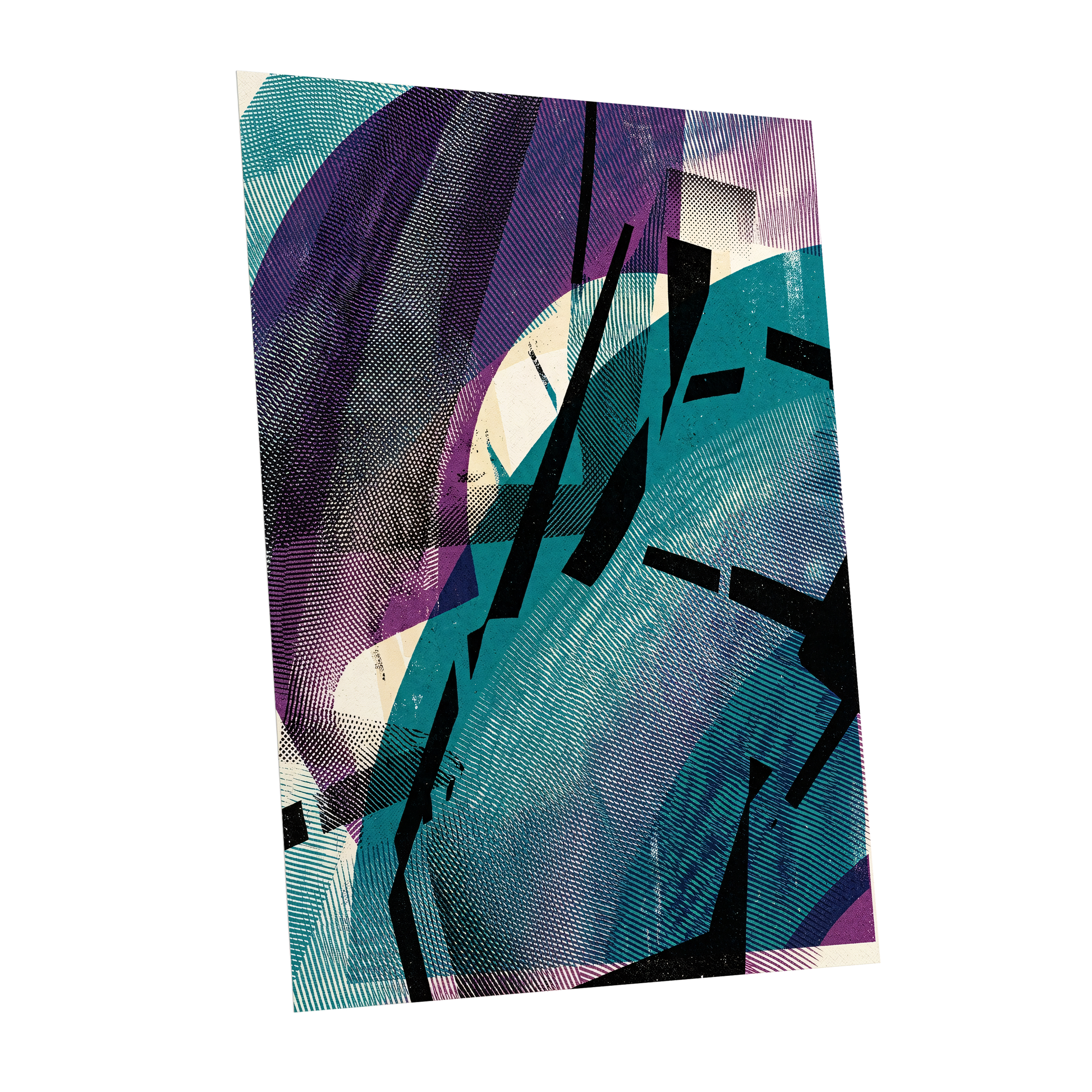Teal Collision, green, purple, black abstract wall art shown as a unframed poster wall art print