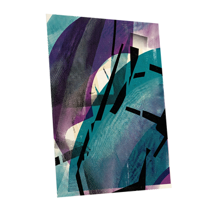 Teal Collision, green, purple, black abstract wall art shown as a unframed poster wall art print