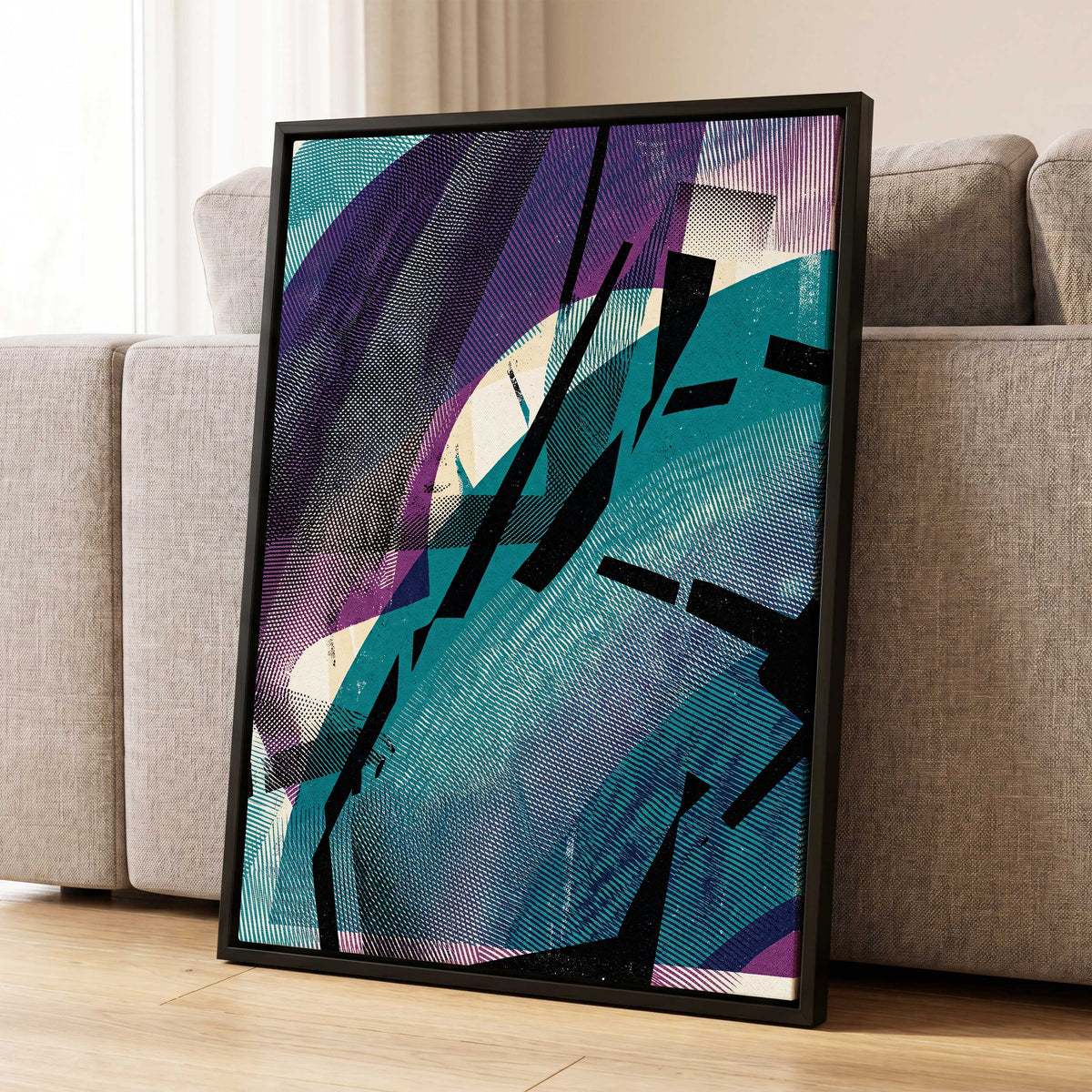Teal Collision, green, purple, black abstract wall art displayed in a styled interior, gallery view 1
