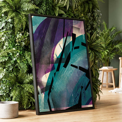 Teal Collision, green, purple, black abstract wall art displayed in a styled interior, gallery view 2