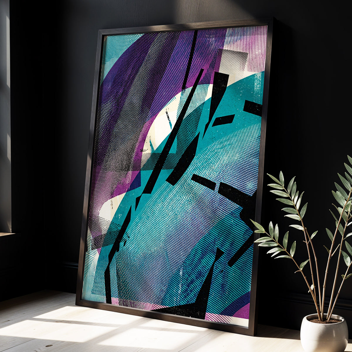 Teal Collision, green, purple, black abstract wall art displayed in a styled interior, gallery view 3