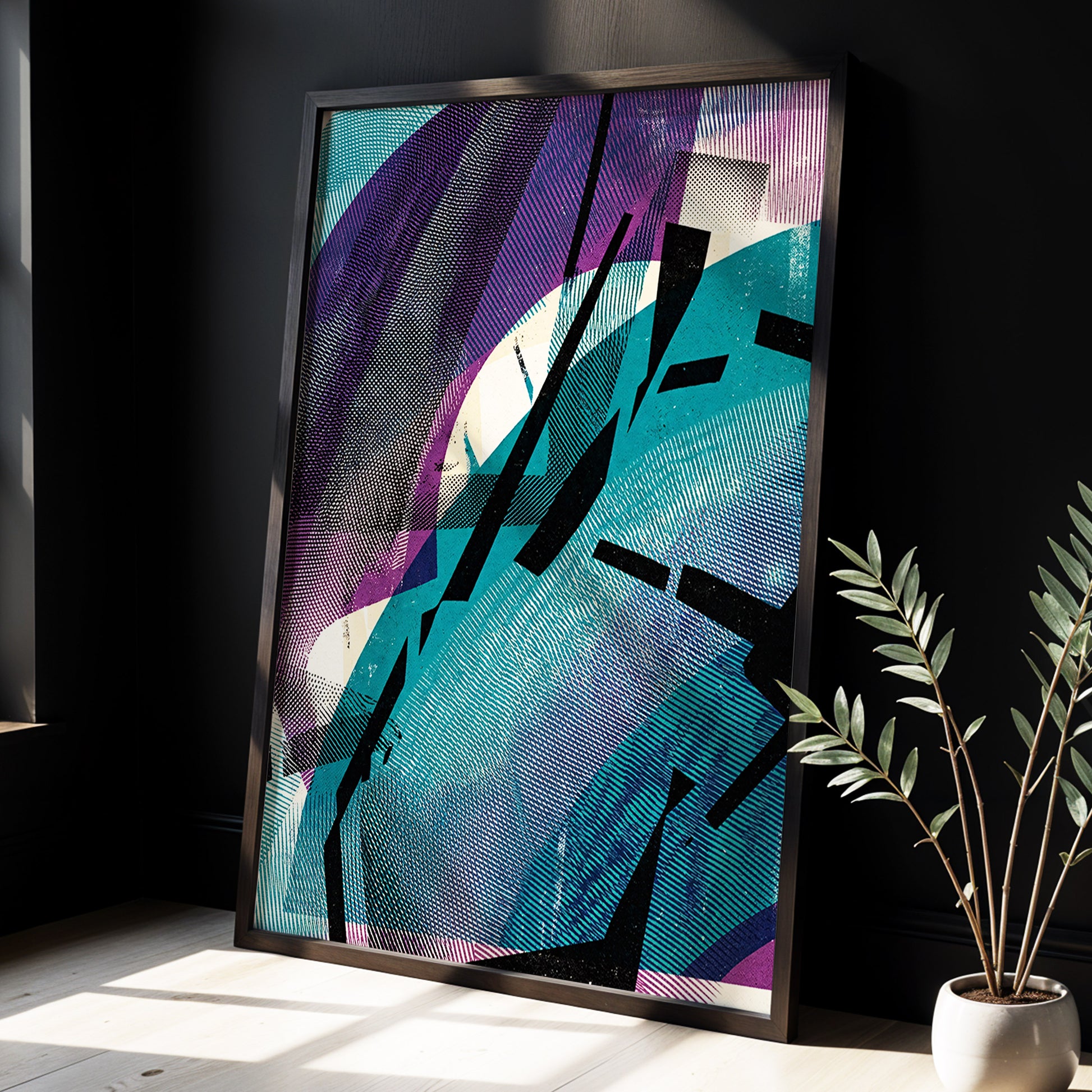 Teal Collision, green, purple, black abstract wall art displayed in a styled interior, gallery view 3
