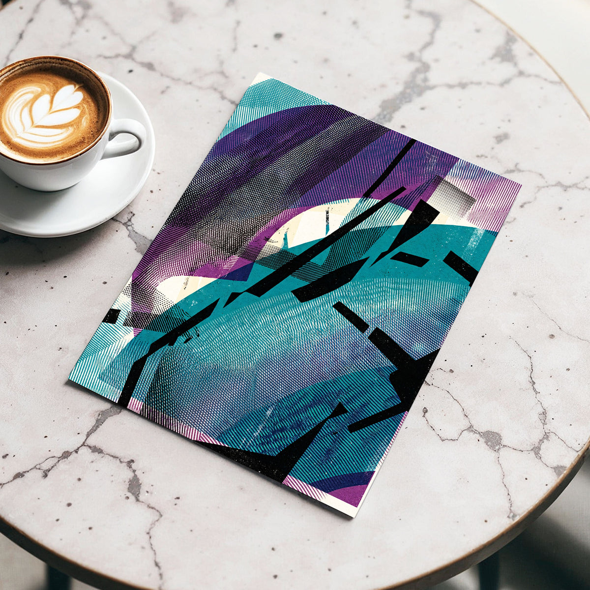 Teal Collision, green, purple, black abstract wall art displayed in a styled interior, gallery view 4