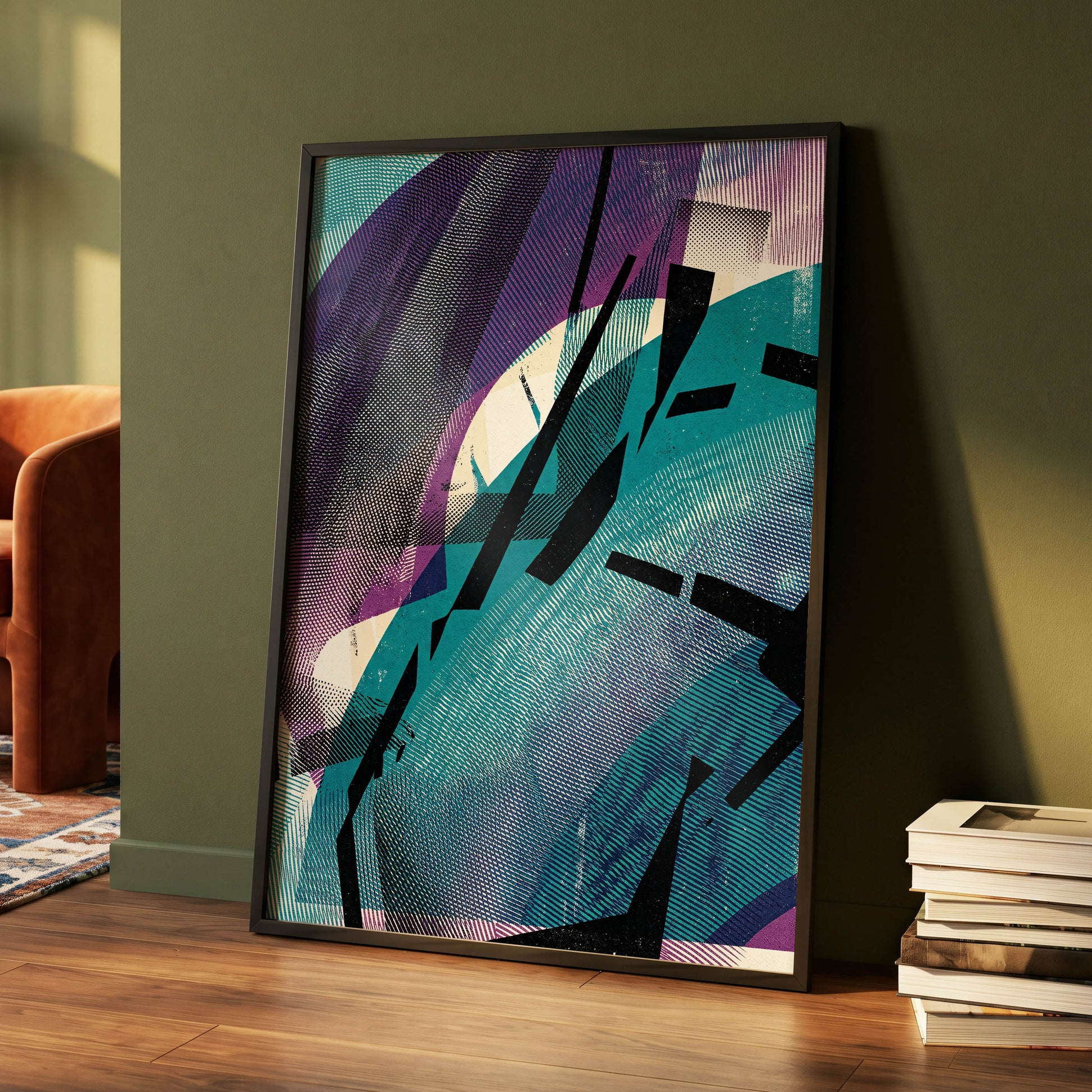 Teal Collision, green, purple, black abstract wall art displayed in a styled interior, gallery view 5