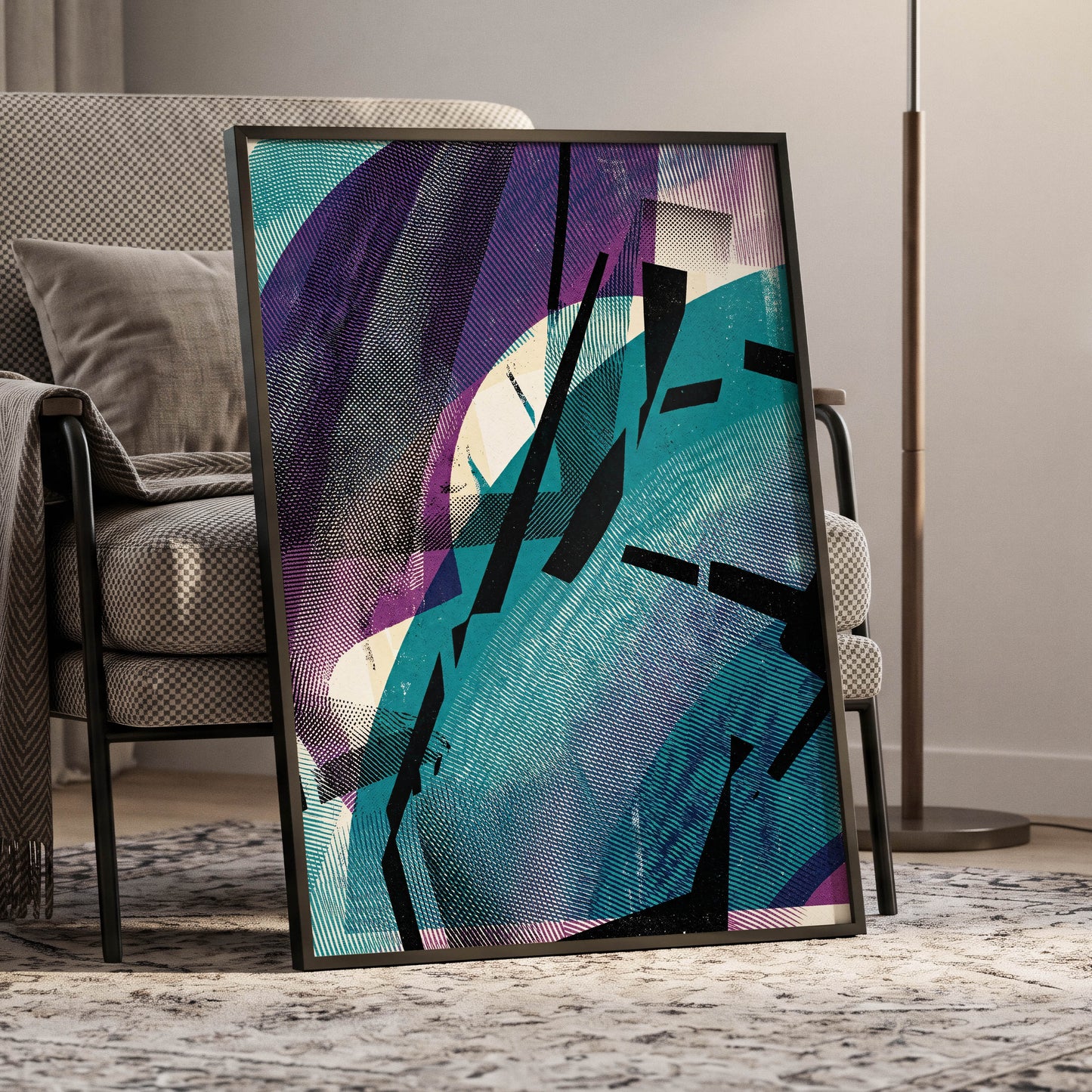 Teal Collision, green, purple, black abstract wall art displayed in a styled interior, gallery view 6