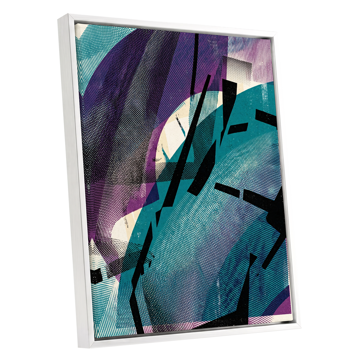 Teal Collision, green, purple, black abstract wall art shown as a white framed canvas wall art