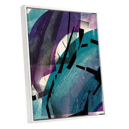 Teal Collision, green, purple, black abstract wall art shown as a white framed canvas wall art