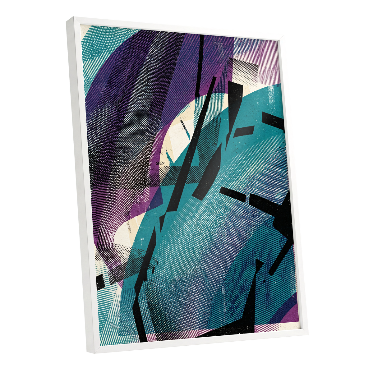 Teal Collision, green, purple, black abstract wall art shown as a white framed poster wall art print