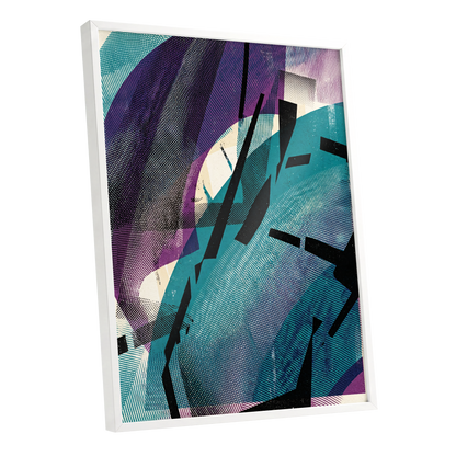 Teal Collision, green, purple, black abstract wall art shown as a white framed poster wall art print