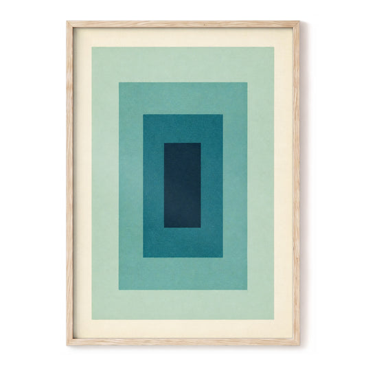 Teal Depths, blue, green, beige minimalist wall art, front artwork view