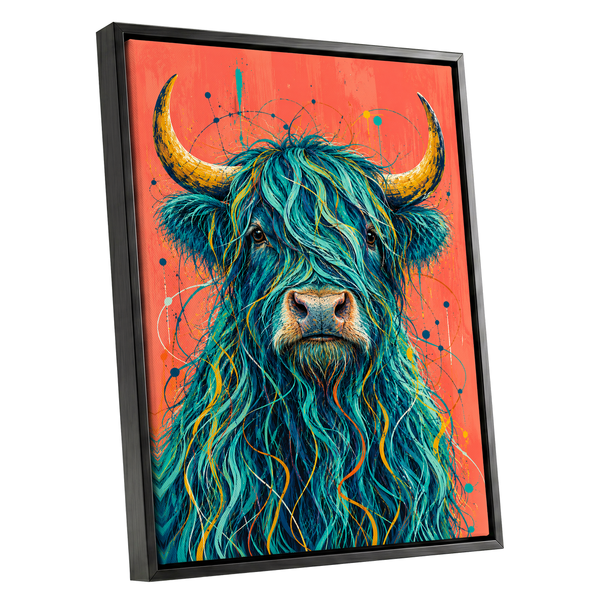 Teal Highland Splendour, blue, orange, gold nature wall art shown as a black framed canvas wall art
