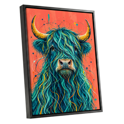Teal Highland Splendour, blue, orange, gold nature wall art shown as a black framed canvas wall art