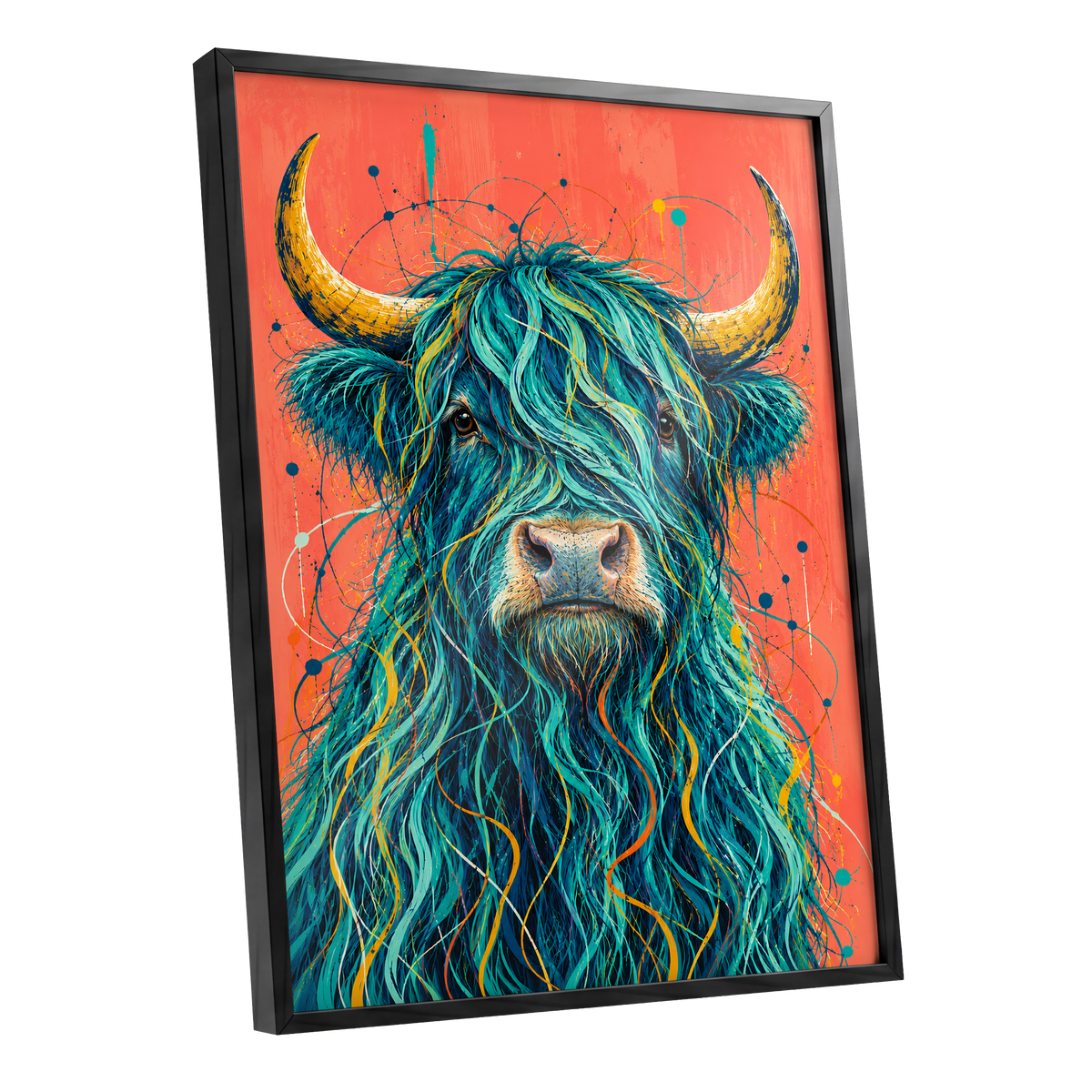 Teal Highland Splendour, blue, orange, gold nature wall art shown as a black framed poster wall art print