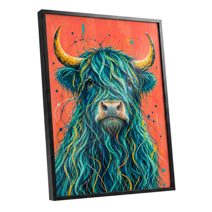 Teal Highland Splendour, blue, orange, gold nature wall art shown as a black framed poster wall art print