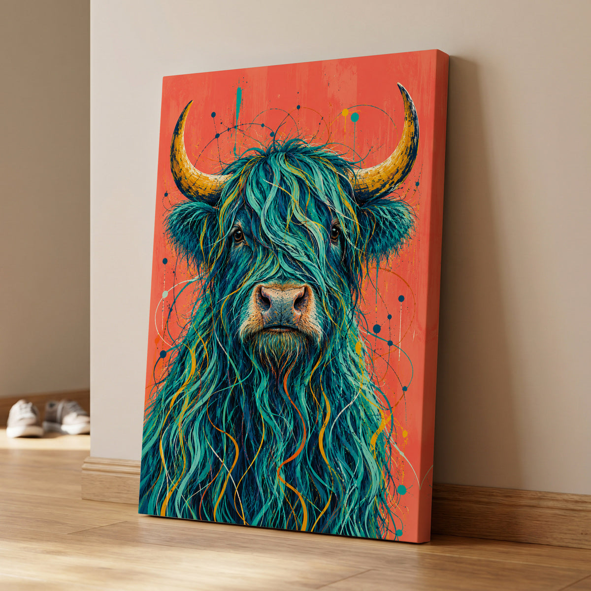 Teal Highland Splendour, blue, orange, gold nature wall art on canvas displayed in a styled interior, gallery view 1