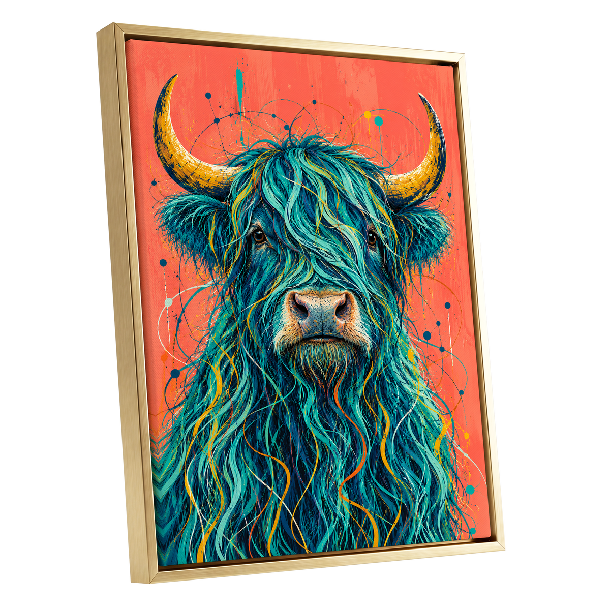 Teal Highland Splendour, blue, orange, gold nature wall art shown as a gold framed canvas wall art