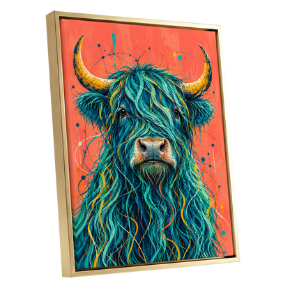 Teal Highland Splendour, blue, orange, gold nature wall art shown as a gold framed canvas wall art