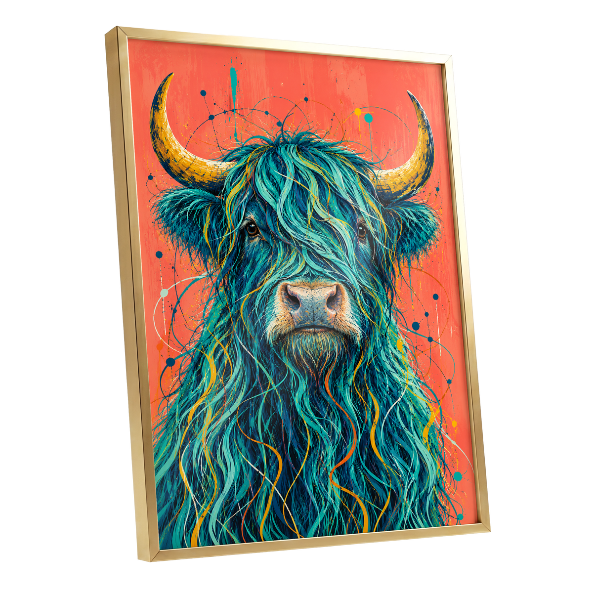 Teal Highland Splendour, blue, orange, gold nature wall art shown as a gold framed poster wall art print