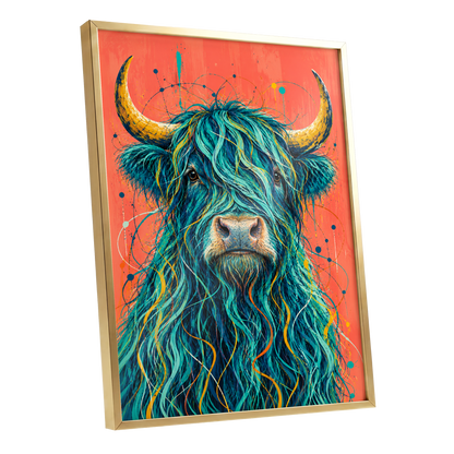 Teal Highland Splendour, blue, orange, gold nature wall art shown as a gold framed poster wall art print