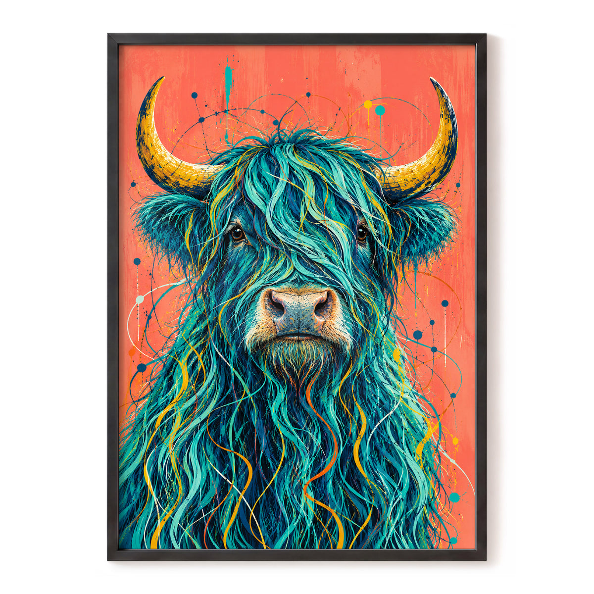 Teal Highland Splendour, blue, orange, gold nature wall art, front artwork view