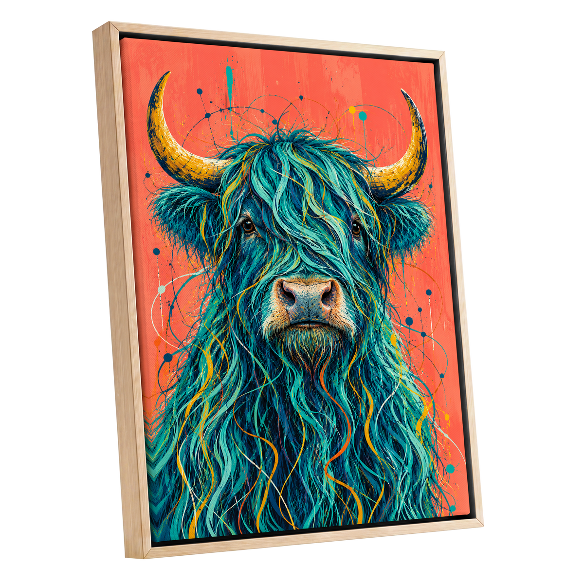 Teal Highland Splendour, blue, orange, gold nature wall art shown as a oak framed canvas wall art