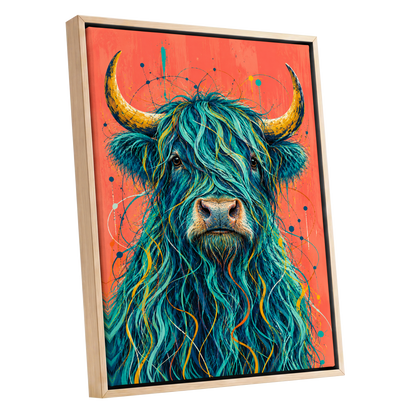 Teal Highland Splendour, blue, orange, gold nature wall art shown as a oak framed canvas wall art