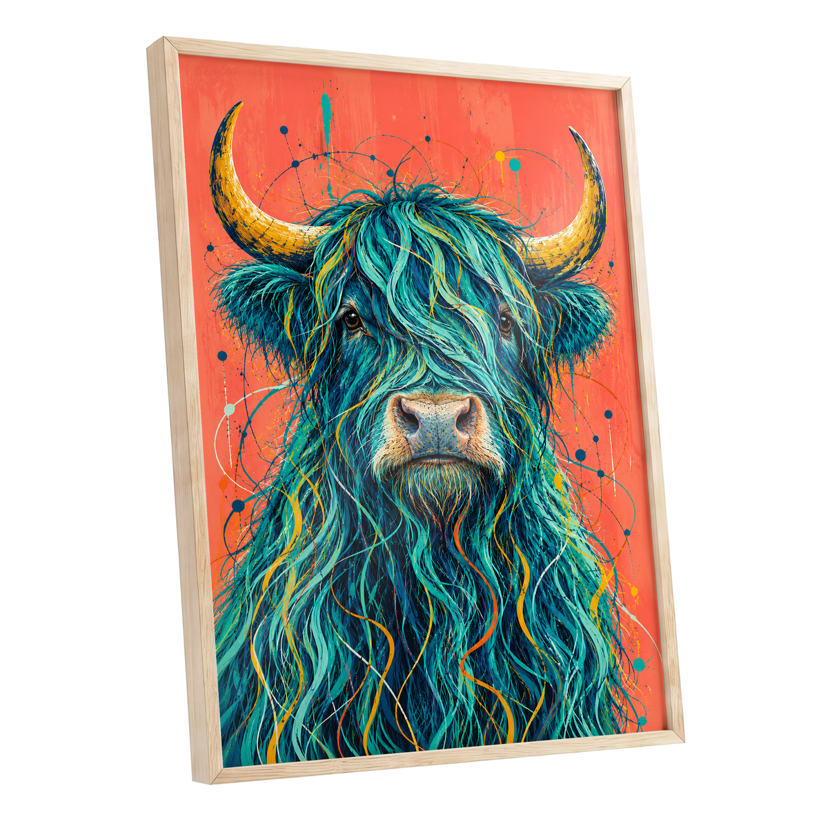 Teal Highland Splendour, blue, orange, gold nature wall art shown as a oak framed poster wall art print