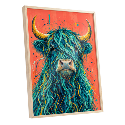 Teal Highland Splendour, blue, orange, gold nature wall art shown as a oak framed poster wall art print