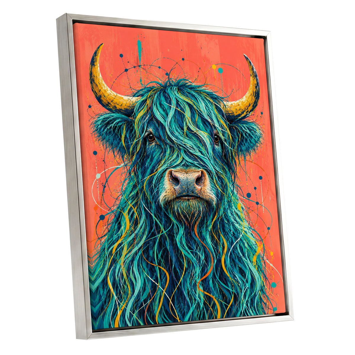 Teal Highland Splendour, blue, orange, gold nature wall art shown as a silver framed canvas wall art